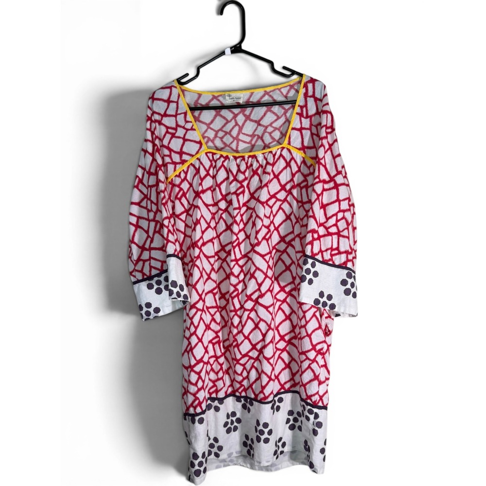 Stella Forest Red Ikat Geometric Cotton Tunic Dress White Floral Hem Size 40